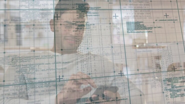 Man moving to center while tapping phone, causing transparent code grid overlay for tech review