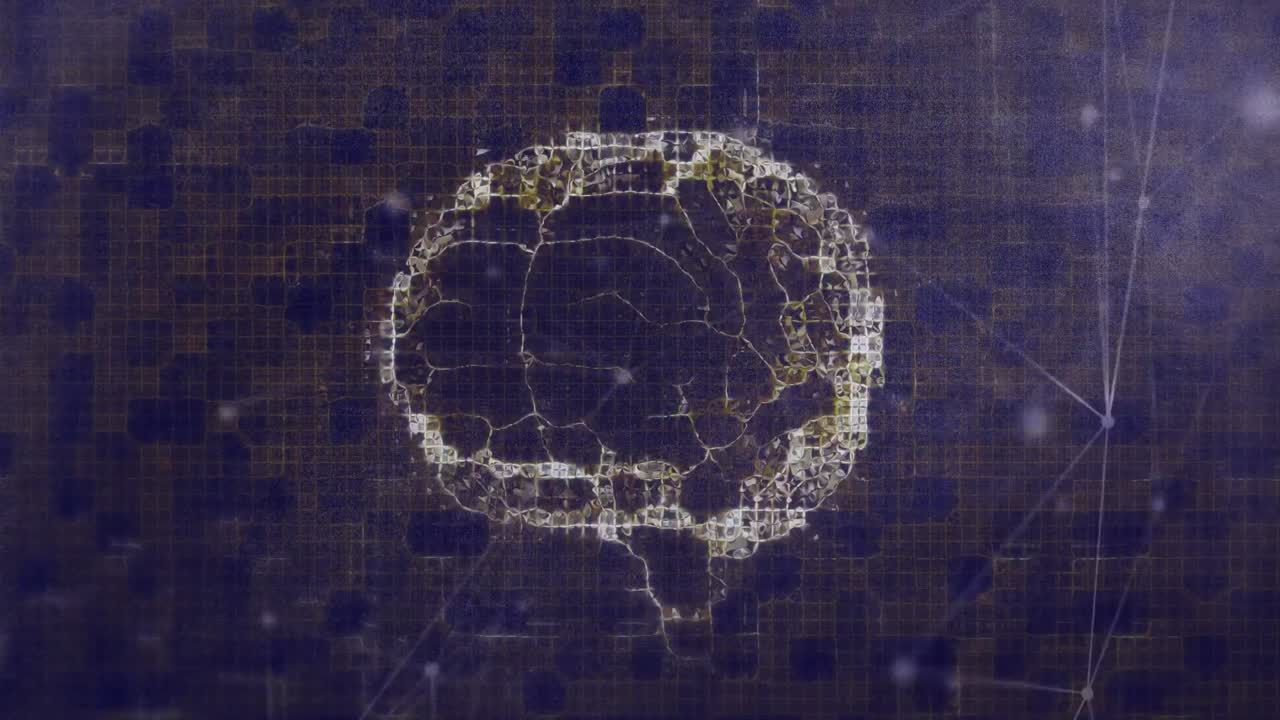 Animation of network of connections with human brain spinning in background