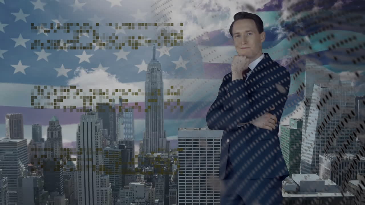 Standing confidently, businessman with American flag and animation over cityscape
