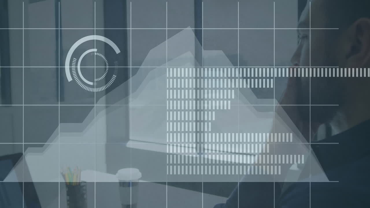 Animatie van statistieken en gegevensverwerking over biraciale zakenman die nadenkt