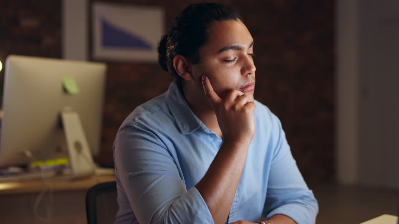 Night, computer or man reading news in office