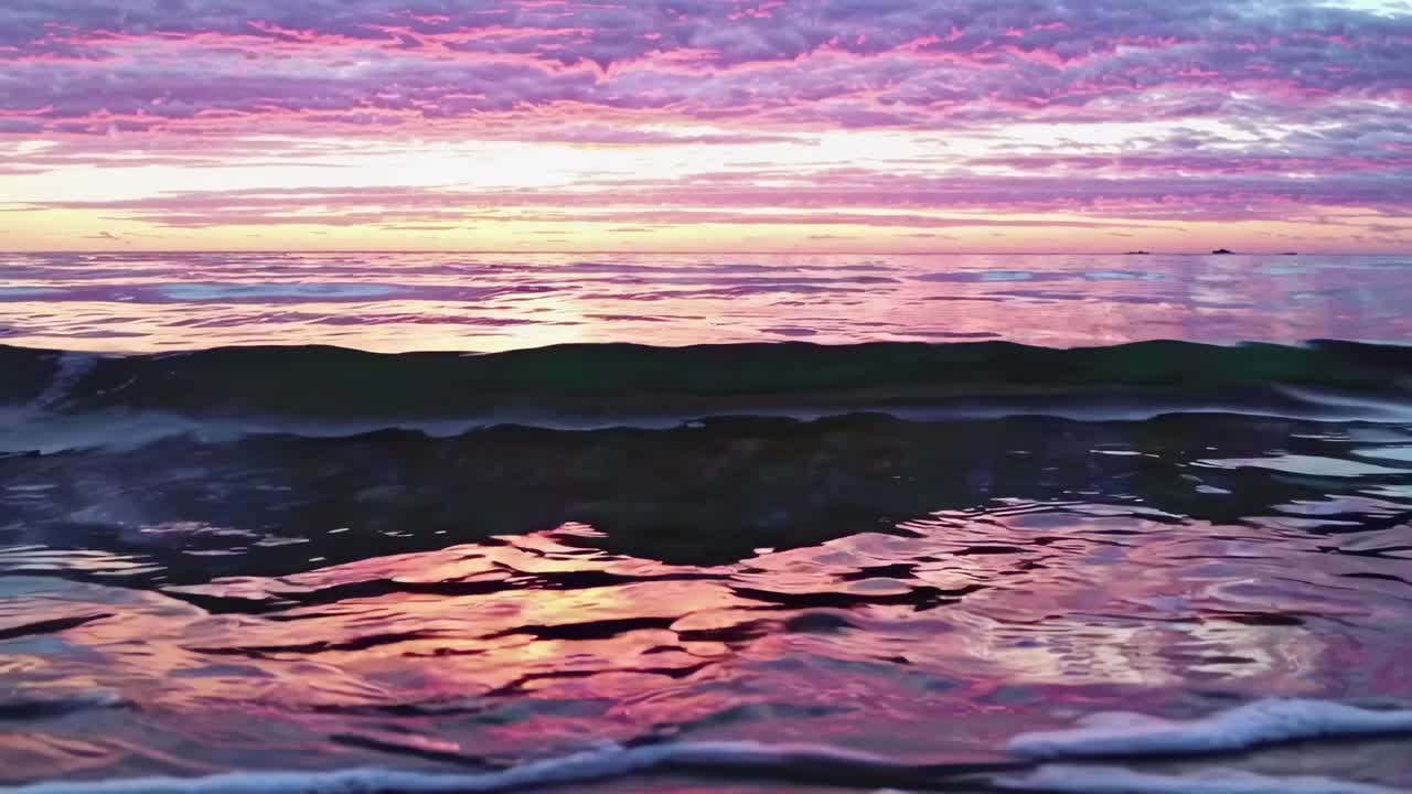 Low-angle video capturing a serene ocean wave at sunset, highlighting vibrant pink and purple hues