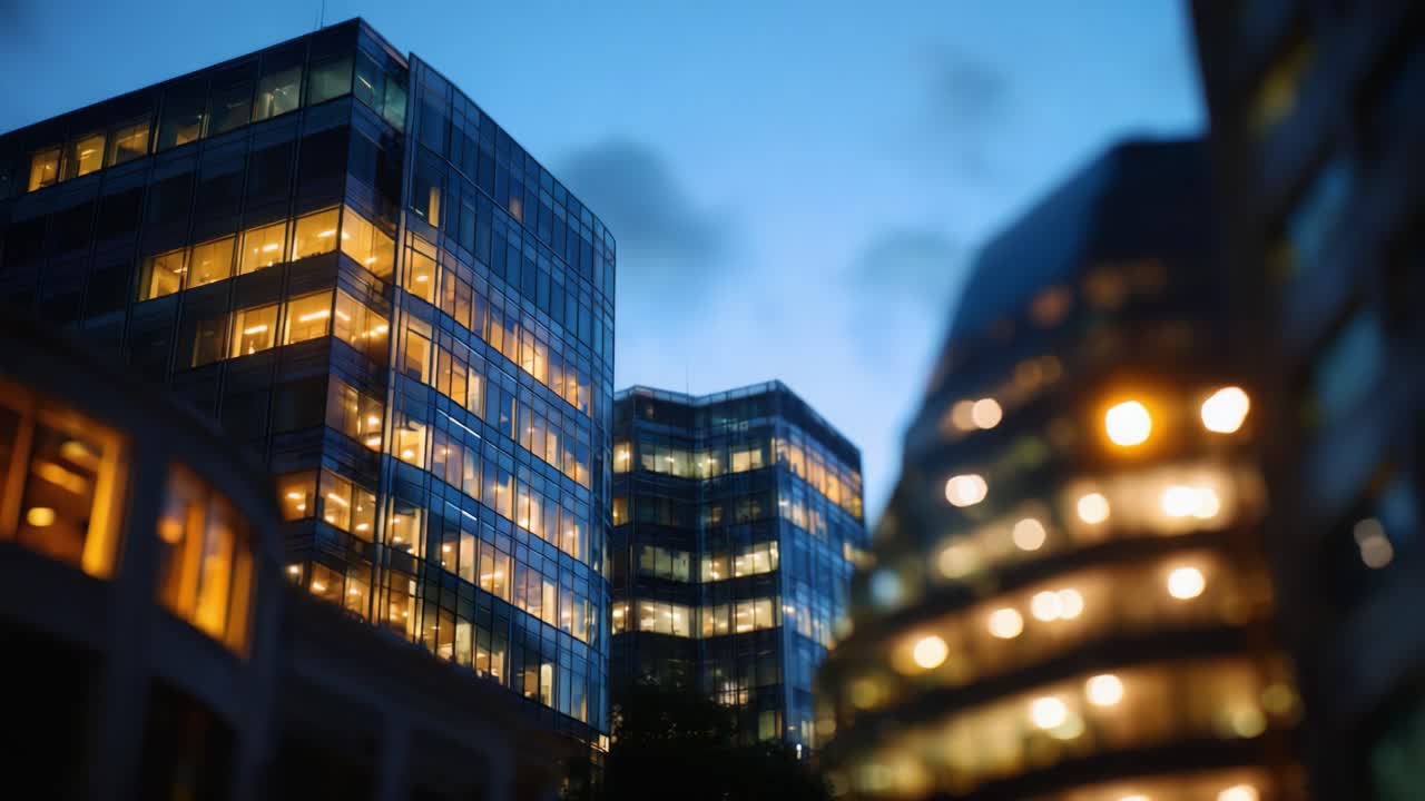 Paisagem noturna da cidade com edifícios urbanos de vidro com janelas iluminadas e um céu escuro dramático, criando uma vista arquitetônica moderna e cativante