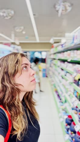 customer examining products on a store shelf
