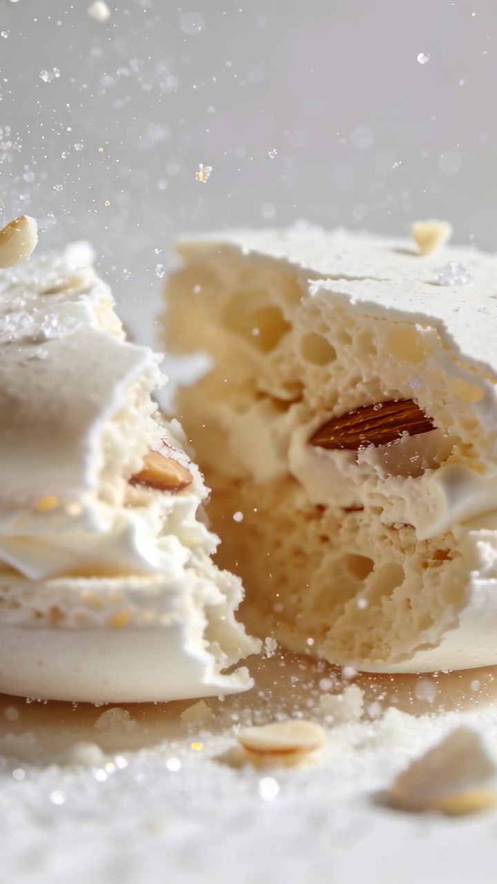 Video verticale: Rivelando un macaron bianco diviso, che rilascia zucchero a velo, briciole e mandorla su un tavolo.
