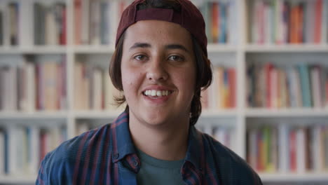 retrato de un joven estudiante adolescente feliz sonriendo disfrutando de un estilo de vida universitario relajado en una estantería de libros de fondo con sombrero en cámara lenta