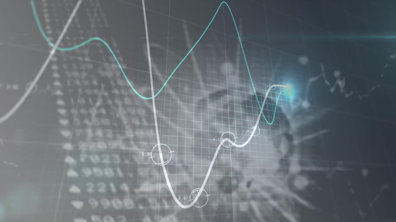 Animation of financial data processing with graph over globe on black background