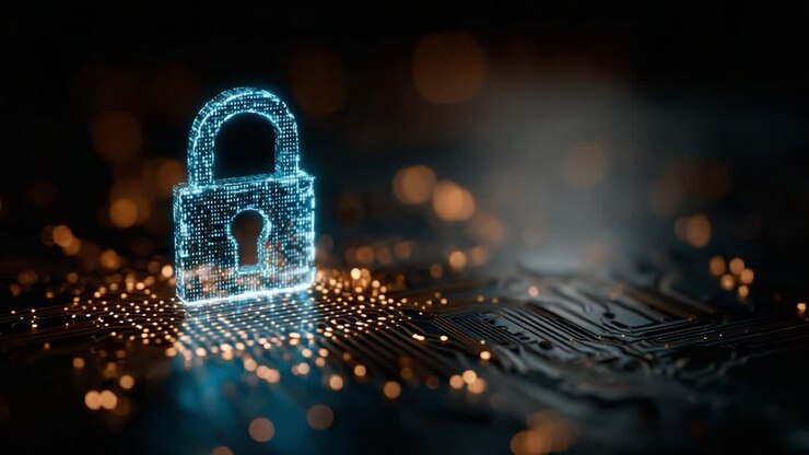 Esplorando la sicurezza digitale attraverso un simbolo di lucchetto luminoso su un circuito stampato, che rappresenta l'essenza della cybersecurity nella tecnologia moderna