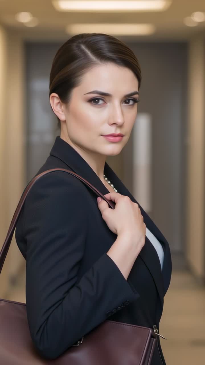 Vertical video: Middle Eastern woman holding tote bag turning to check office hall, returning gaze
