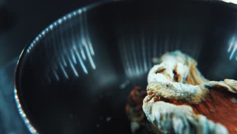 un macro de primer plano cinematográfico giratorio de una psicoactiva mágica psilocibina alucinación hongos secos con un gorro rojo, en un cuenco negro brillante, iluminación de estudio, video 4k
