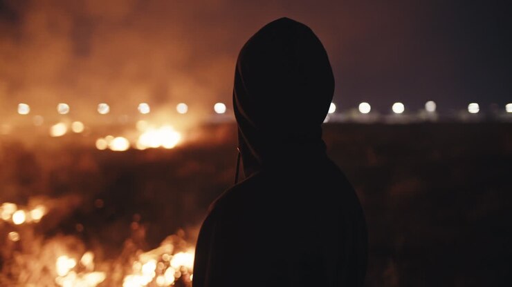 Persona con felpa con cappuccio che osserva un fuoco notturno