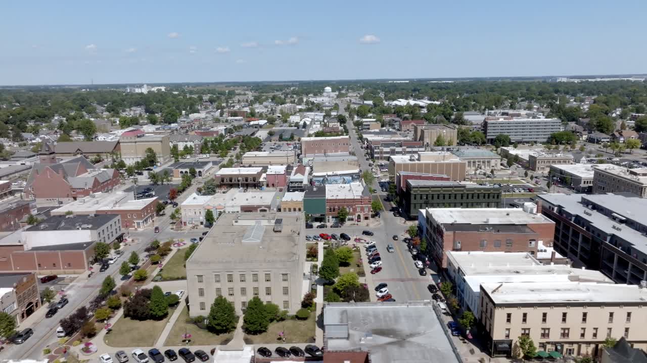 Downtown Kokomo, Indiana with drone video moving left to right