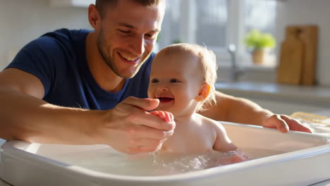 joyful bath time with dad and baby
