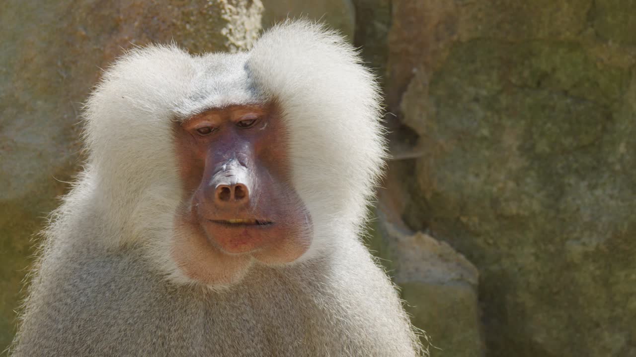 A male hamadryas baboon turns its head, looks around, and vocalizes in bright daylight against a rocky, arid background. Camera remains steady, medium close-up
