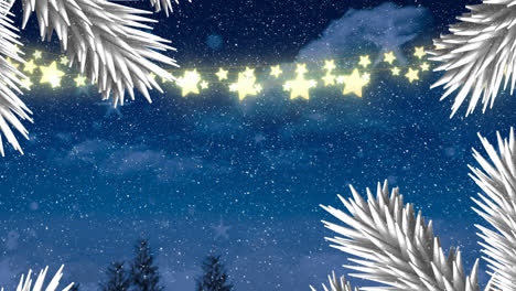Animation-of-fairy-lights,-fir-tree-decoration,-snow-falling-over-winter-landscape