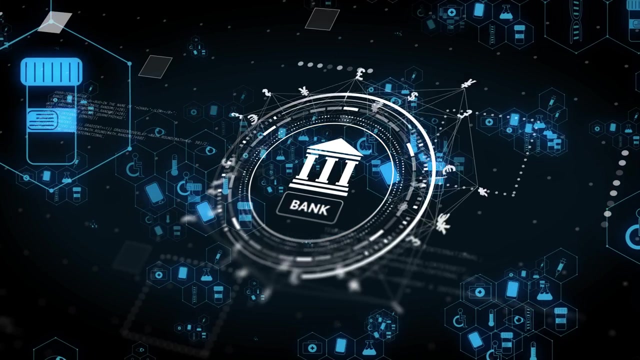 Camera tilting and zooming, bank HUD rotating, orbiting currency glyphs visualizing finance flow