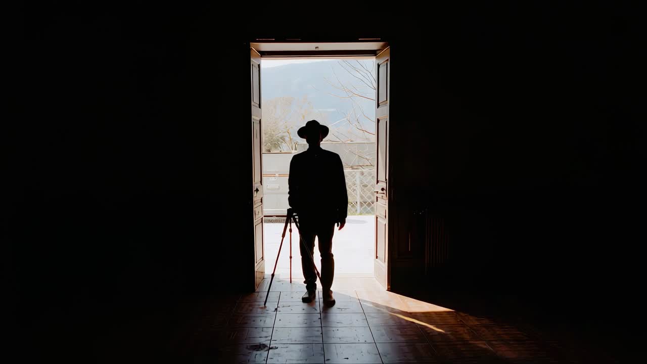 Stepping sun drawing man holding tripod wide-brim hat long coat entering wooden doorway for filming