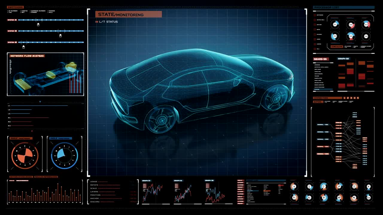 electrónico giratorio, híbrido, coche de batería. vista de transparencia en la interfaz de visualización futurista. película 4k.2.