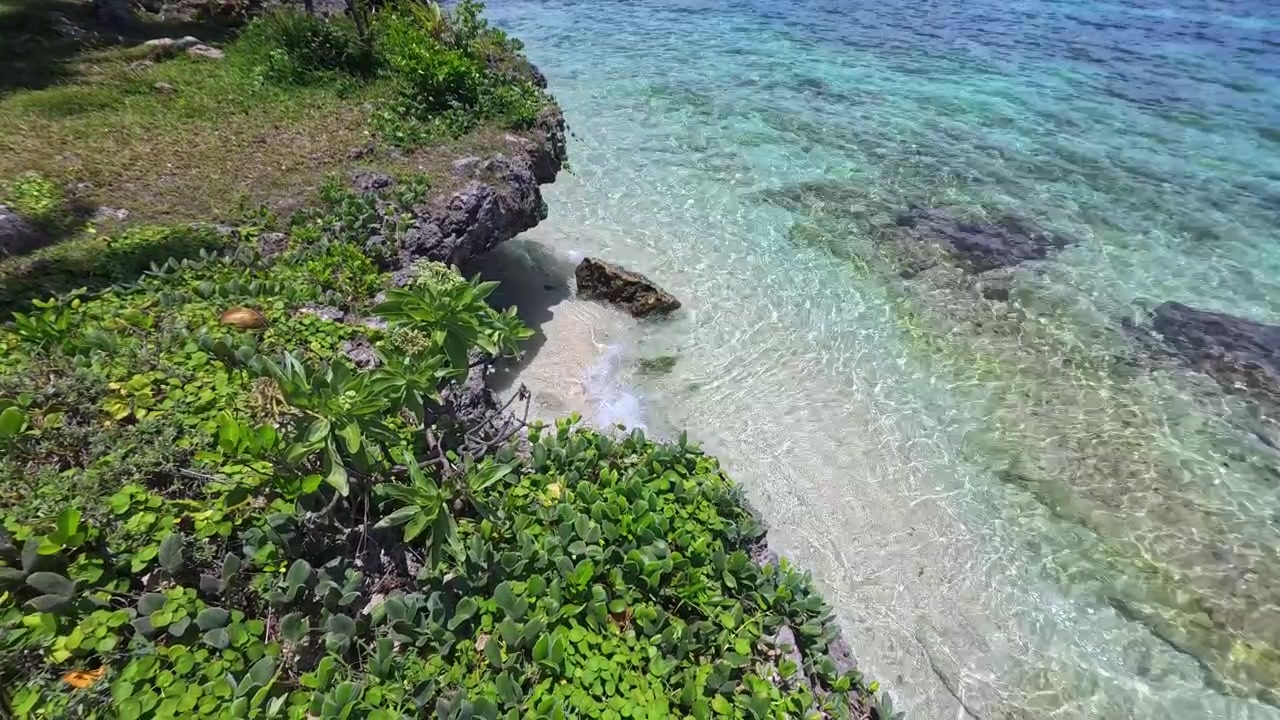 Acqua oceanica cristallina e turchese che lambisce una spiaggia tropicale appartata con scogliere verdi