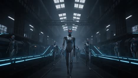 a futuristic factory scene showcasing an assembly line populated by humanoid robots, featuring advanced technology with glowing red eyes, showcasing a blend of innovation and industrial landscape.