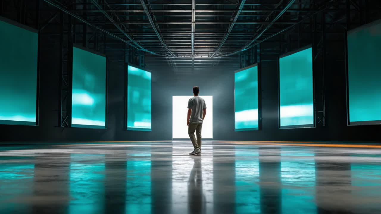 Man walking through a futuristic hallway with screens