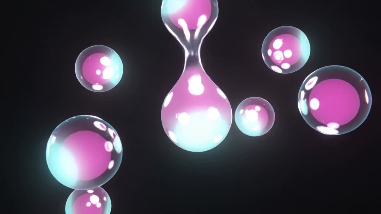 Bolle che fluttuano, si fondono e si separano sotto tensione nel vuoto nero, mostrando nuclei rosa e bordi ciano