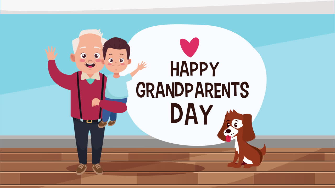 할아버지가 손자와 마스코트를 들어 올리는 할아버지와 할머니의 축하 카드
