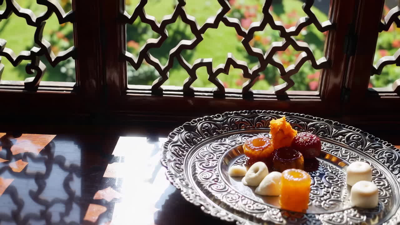 Assortment of Indian sweets on an ornate silver plate by a window
