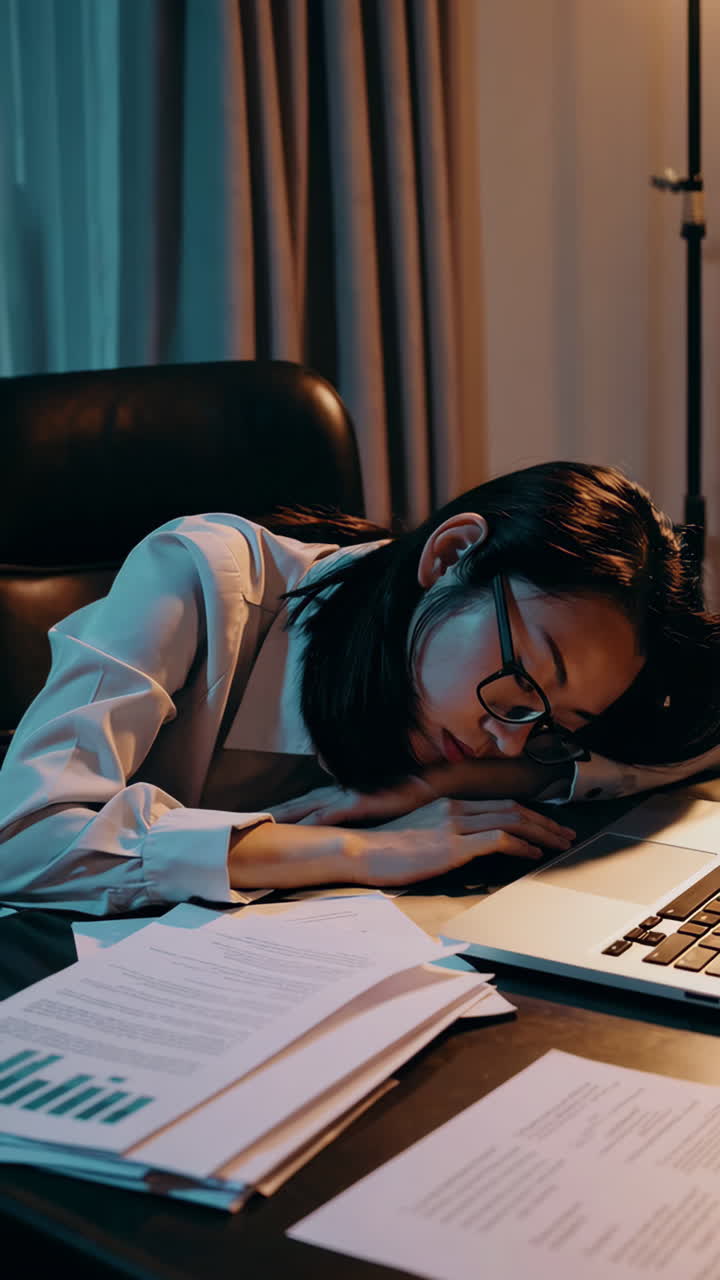 Donna addormentata sulla scrivania dopo lunghe ore di lavoro