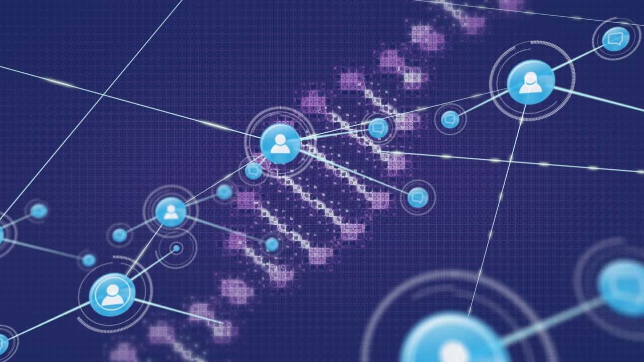 Animation of network of connections with icons and dna strand