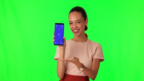 cellphone, happy and woman in studio with green