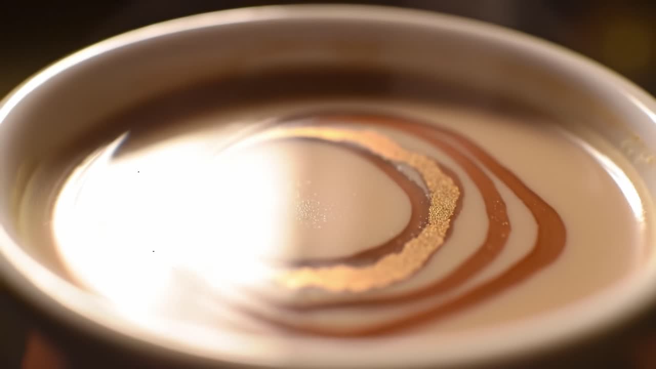 A Close-Up Look at the Beautiful Swirls of Color in a Delicious Coffee or Creamy Beverage in a Rustic Cup, Capturing The Art of Beverage Presentation with Stunning Details