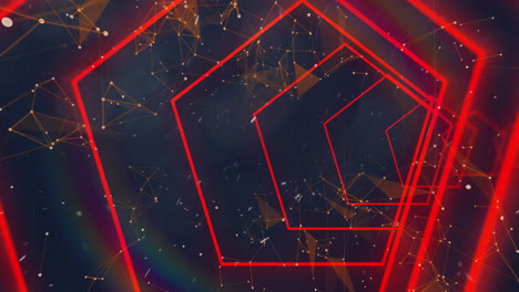 animación de formas geométricas de neón rojo sobre una red de conexiones