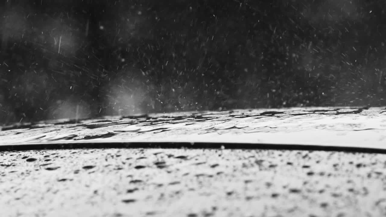 Thick raindrops shatter on the roof of a car during a heavy rainstorm - close up shot