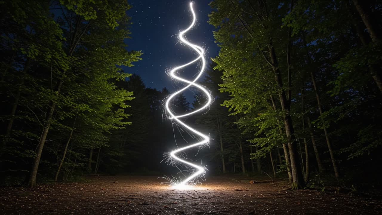 A mesmerizing display of light spiraling through a dark forest, creating an enchanting visual story that captivates the essence of nocturnal beauty and creativity