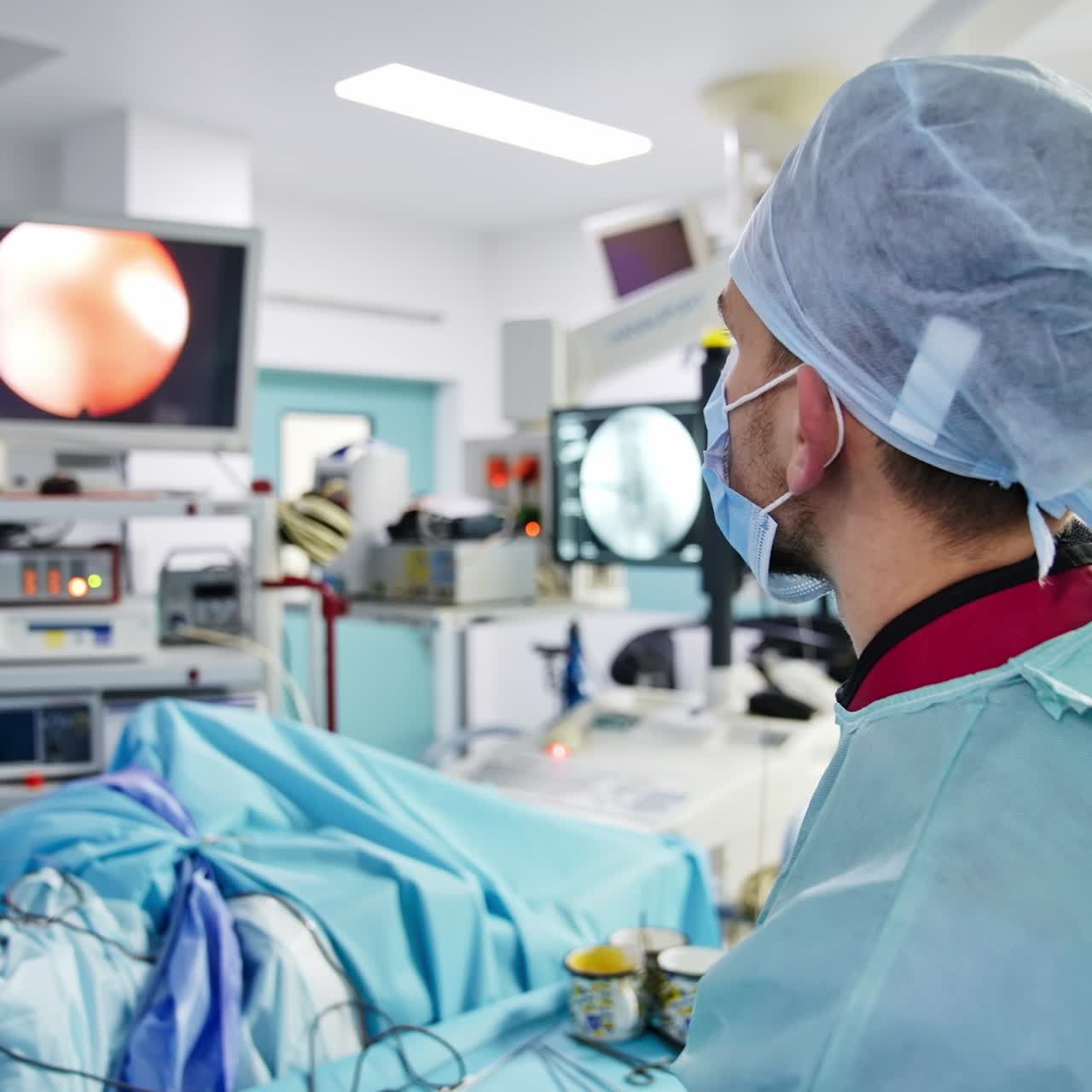 Highly-equipped operational theatre with surgery in process. Male doctors standing with their backs to camera and watching the monitor