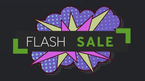 Animation-of-flash-sale-text-over-retro-speech-bubble-on-dark-background