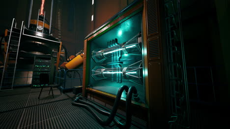 futuristic industrial laboratory with robot arm and glowing tubes