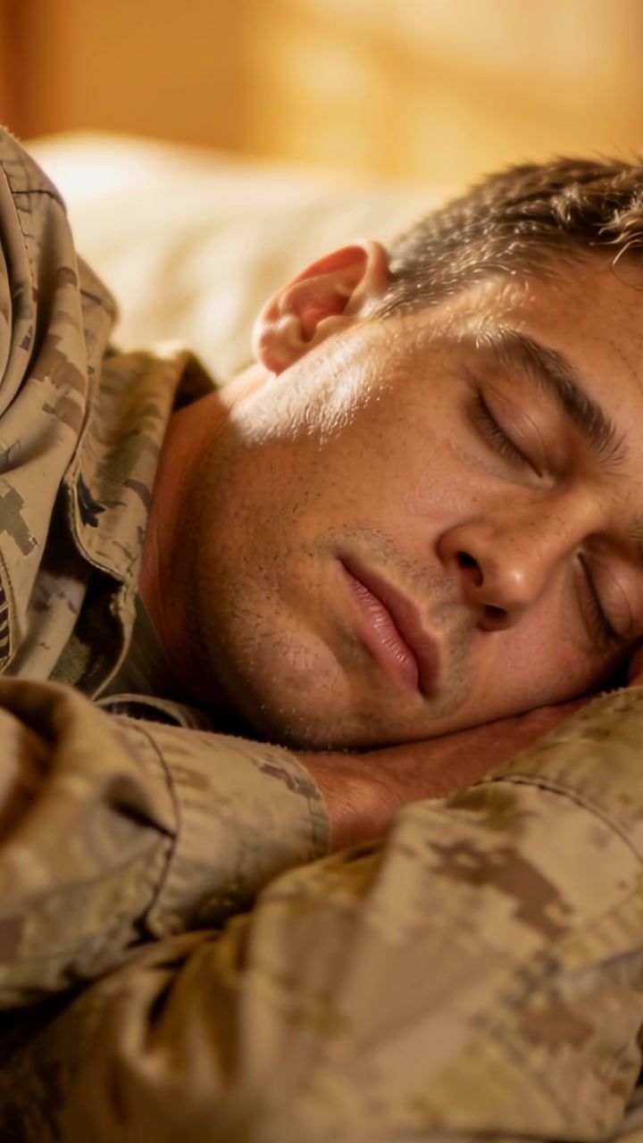 Vertical video: Sleeping soldier resting head on pillow after shift in bunk bed, with camo uniform