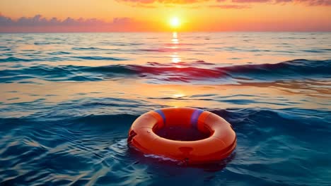 a life preserver floating in the ocean at sunset