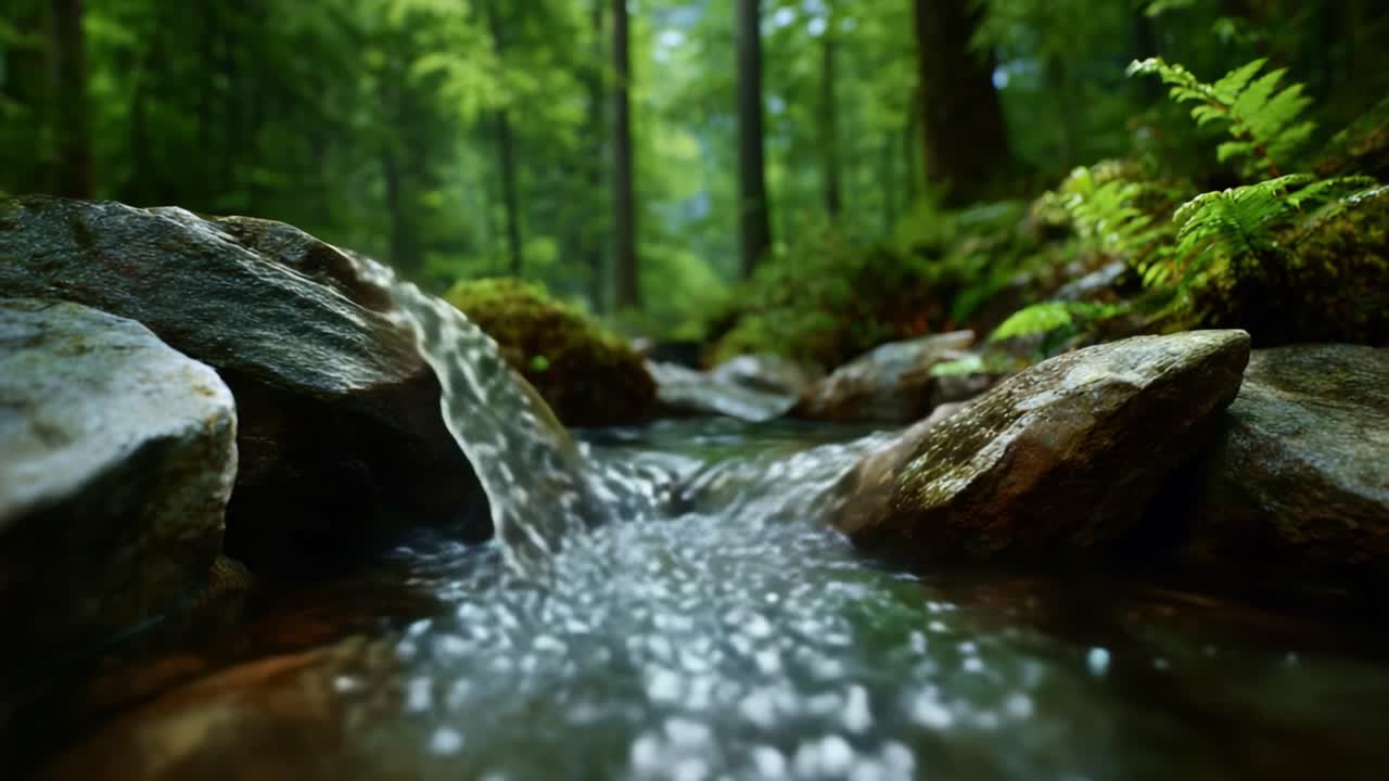 En fredfyldt strøm, der flyder gennem frodig, grøn skov med glatte sten og glitrende vand i et fredeligt naturlandskab under blødt lys