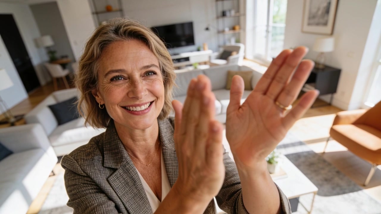 Smiling woman in checked blazer greeting camera, bringing hands near lens, living room with sofa