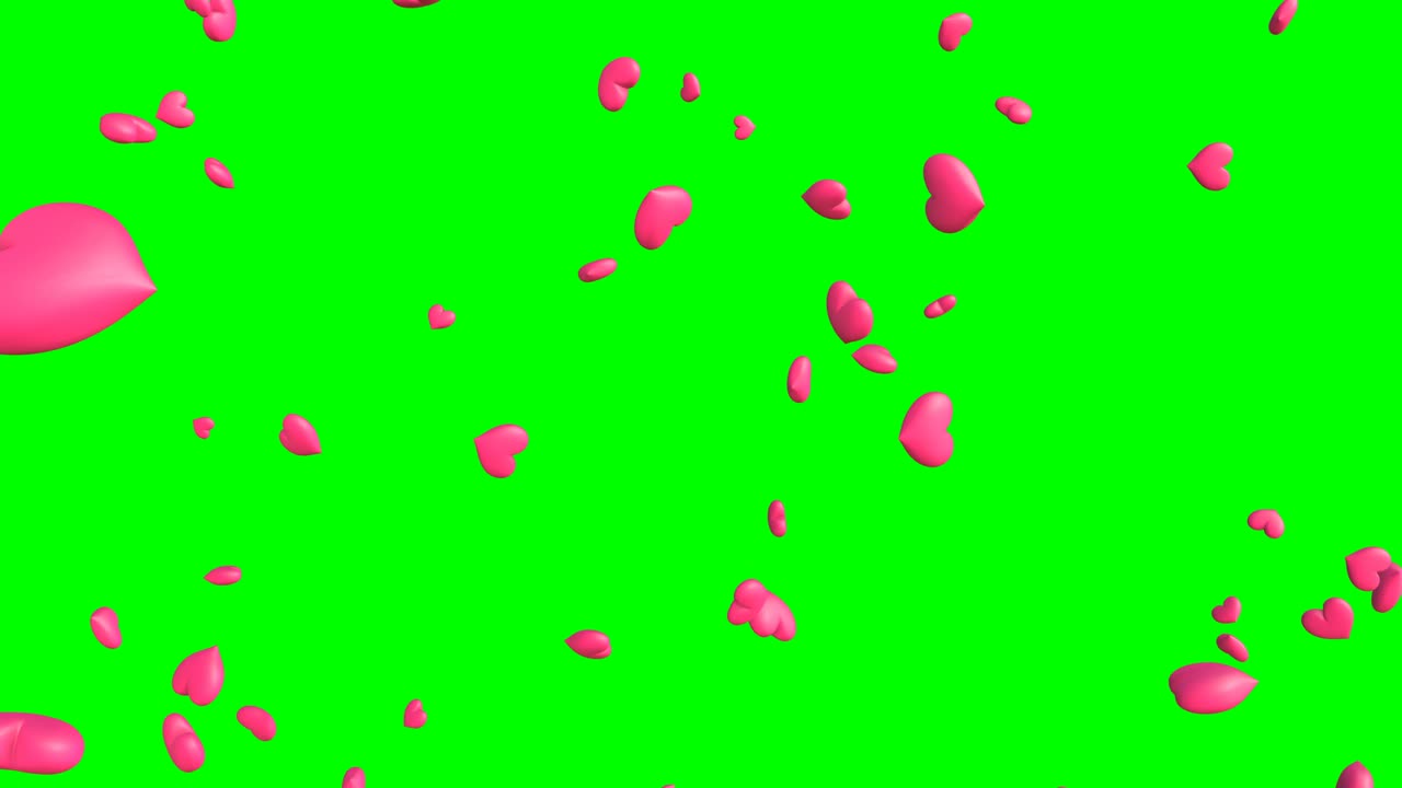 핑크 하트 모양의 추상적인 애니메이션, 녹색 크로마 키 배경.