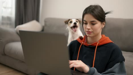 mujer joven sentada en el suelo trabajando en una computadora portátil con su perro a su lado