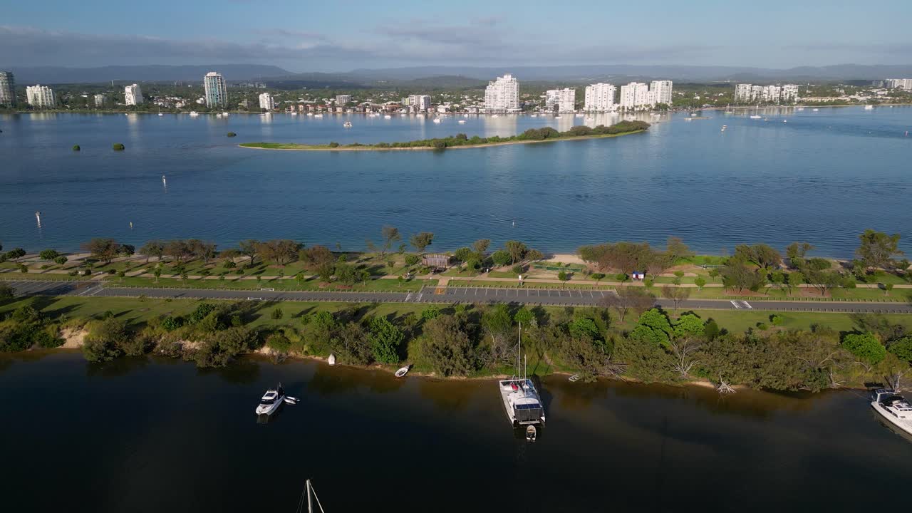 Aerial View over Doug Jennings Park looking West over the Broadwater, Gold Coast, Australia.