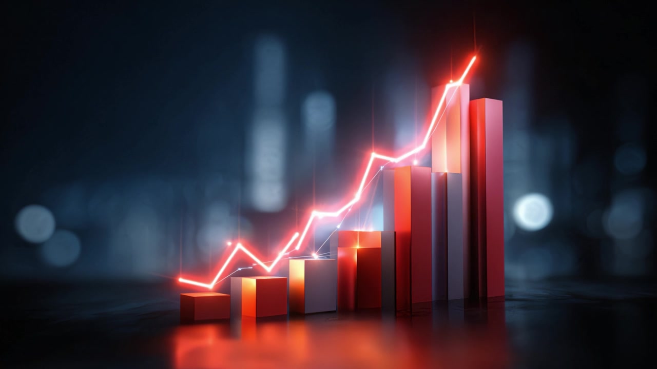 Dynamic Graph Displaying Financial Growth Over Time with Rising Red Columns and a Continuous Line Trend in an Abstract Dark Background