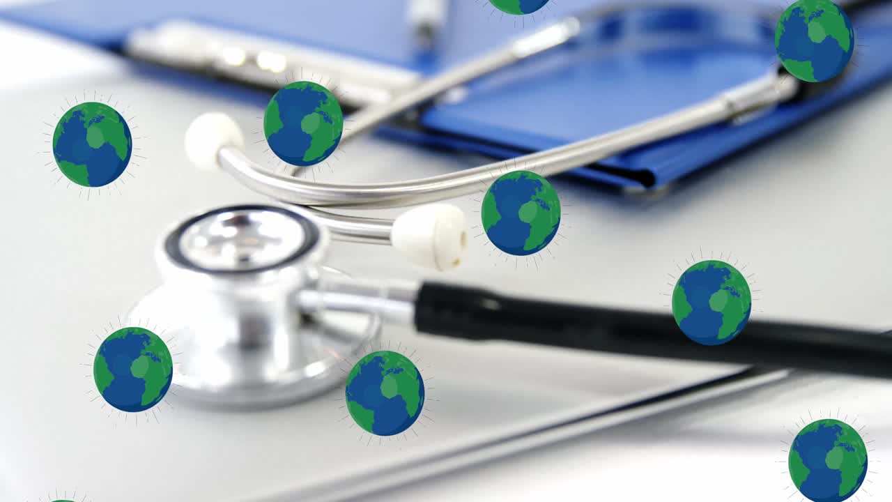 의료 장비 위에 떨어지는 지구 아이콘의 비디오