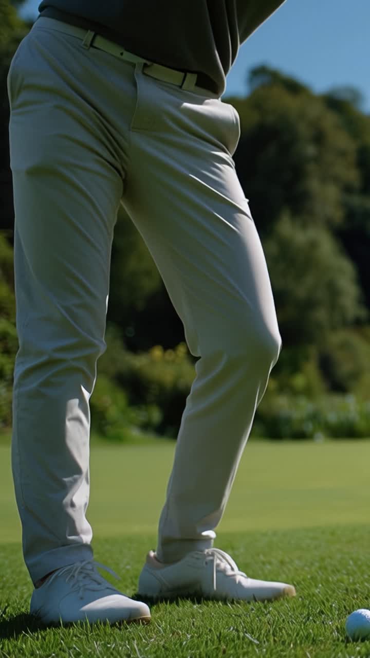 Golfer stands ready on a crisp green. He grips his club, focused on the ball. Sunlight glints off the polished grass. Trees loom softly in the background. He prepares to strike with calm precision