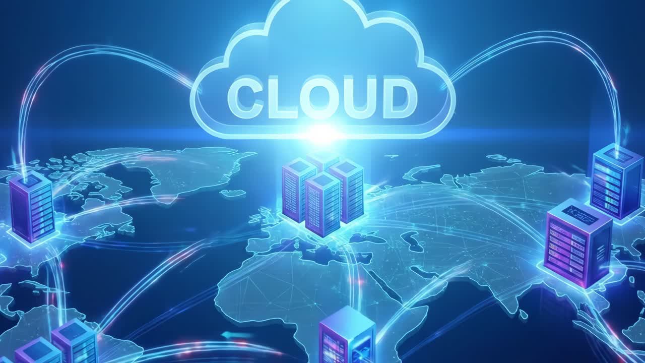 Global Cloud Computing Network with Data Servers on World Map