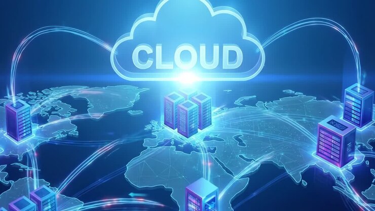 Global Cloud Computing Network with Data Servers on World Map